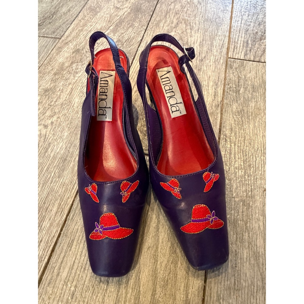 Red Hat Society Amanda Slingback Kitten Heels 8 M Shoes Embroidered Square 90s